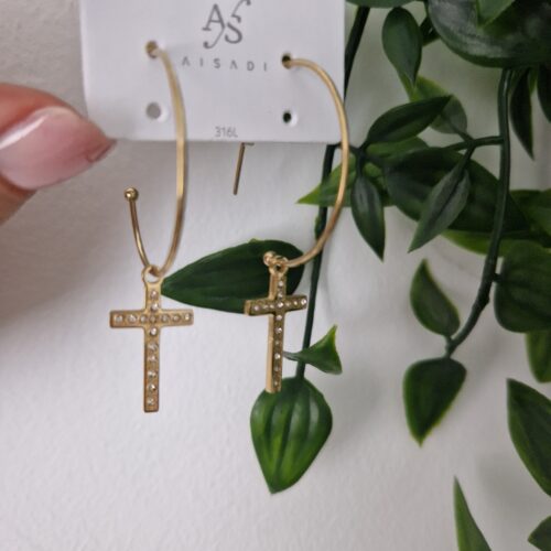 Zirconia Cross Gold Hoop Earrings