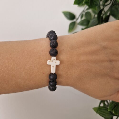White Cross Black Stone Elastic Bracelet