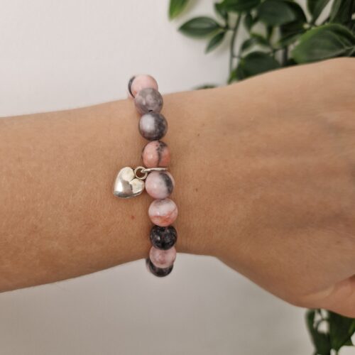 Silver Heart Pink Elastic Stone Bracelet