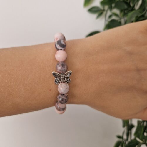 Silver Butterfly Pink Elastic Stone Bracelet