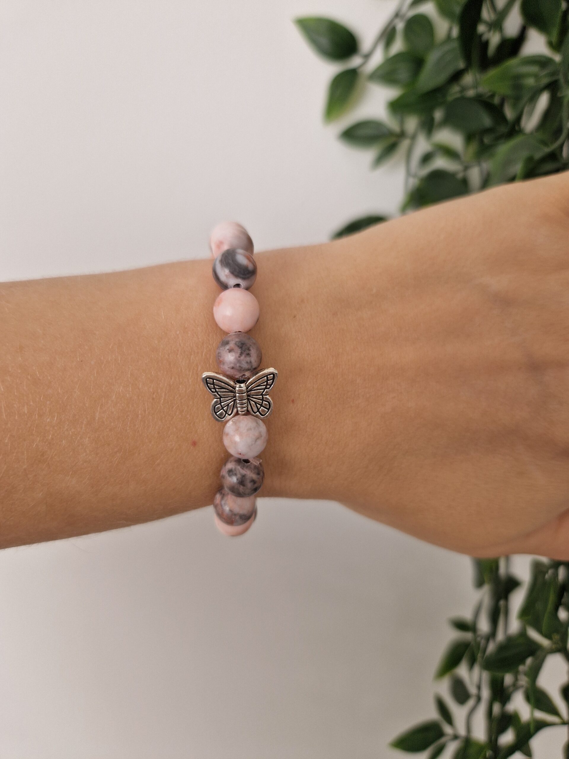 Silver Butterfly Pink Elastic Stone Bracelet