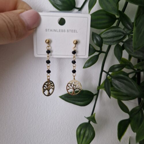 Black Tree of Life Long Stud Earrings