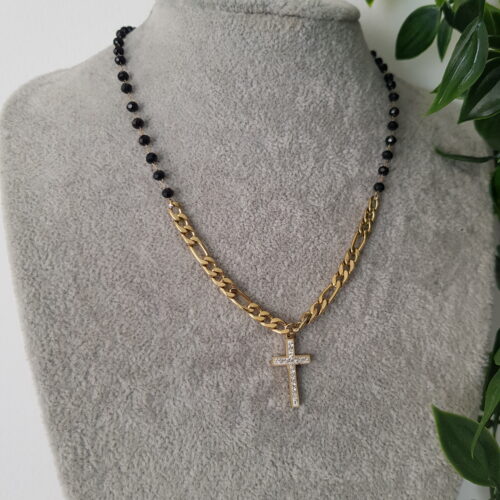 Zirconia Gold Cross Black Necklace