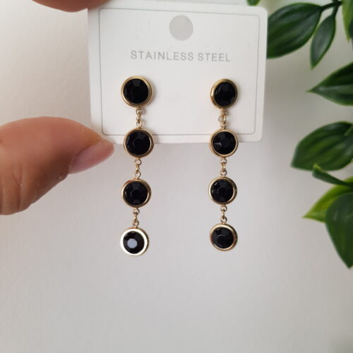 Long Gold Black Stud Earrings